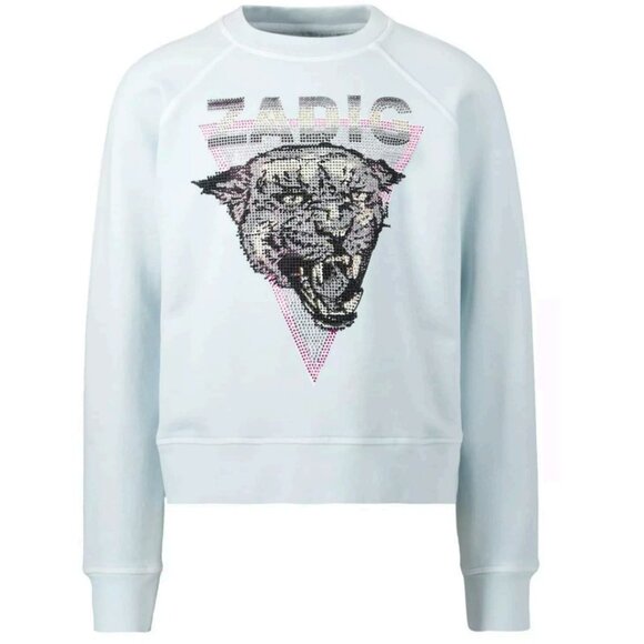 ZADIG & VOLTAIRE SEQUINS TIGER HEAD SWEATSHIRT LIGHT BLUE  SIZE 14/S - Picture 1 of 9